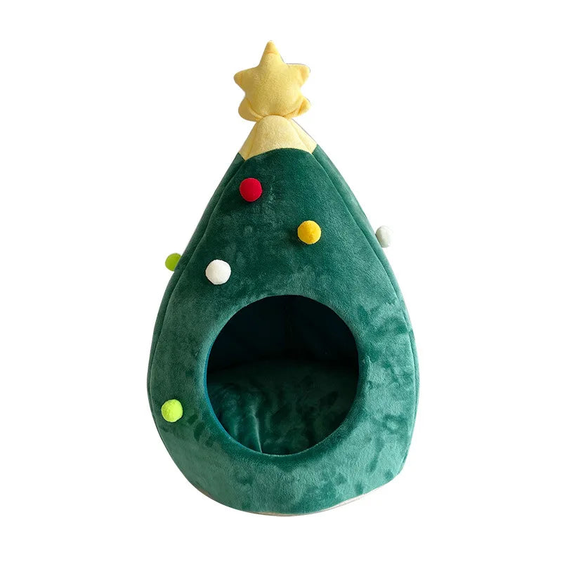 Christmas Tree Shaped Cat Bed - Cozy Winter Cave for Cats and Small Dogs, Festive Holiday Accessory